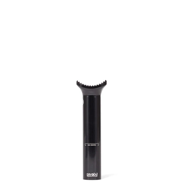 Éclat Torch pivotal seat post, 135mm short version, black, straight-on view highlighting the "PIVOTAL" branding and minimum insertion line.