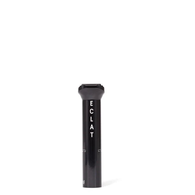 Éclat Torch pivotal seat post, 135mm short version, black, straight-on view highlighting the vertical 'ÉCLAT' logo and length markings.