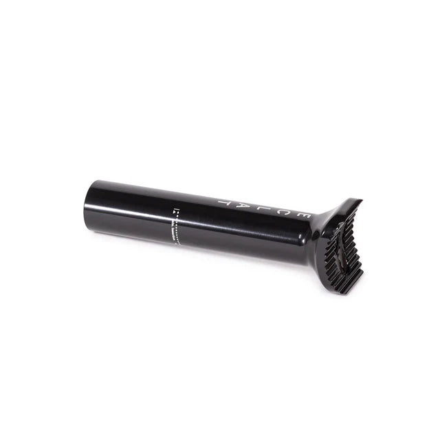 Éclat Torch pivotal seat post, 135mm short version, black, horizontal view showcasing the pivotal adjustment teeth and ÉCLAT logo.