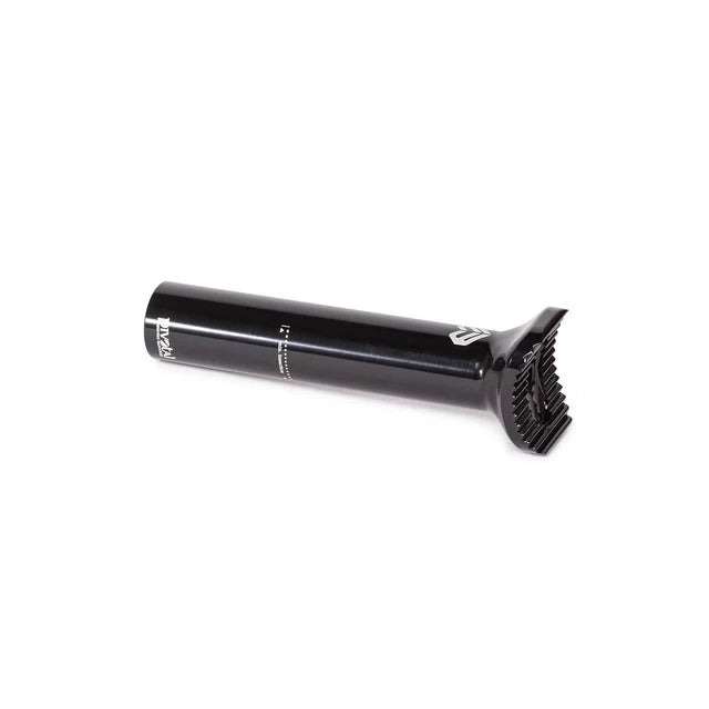 Éclat Torch pivotal seat post, 135mm short version, black, horizontal view showing the 25.4mm diameter marking and the pivotal head.