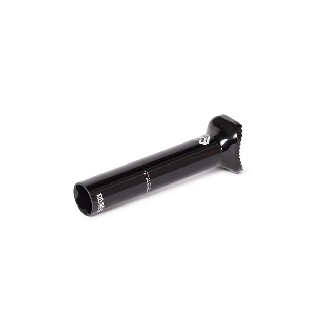 Éclat Torch pivotal seat post, 135mm short version, black, low-angle view showing the "Pivotal" logo at the base and the adjustment teeth.