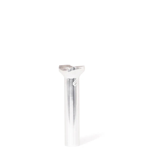 Éclat Torch pivotal seat post, 135mm short version, polished silver finish, showing the pivotal head and Éclat logo.