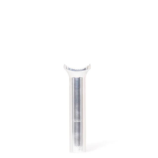 Éclat Torch pivotal seat post, 135mm short version, silver/polished finish, straight-on view highlighting the "Pivotal" branding and minimum insertion line.
