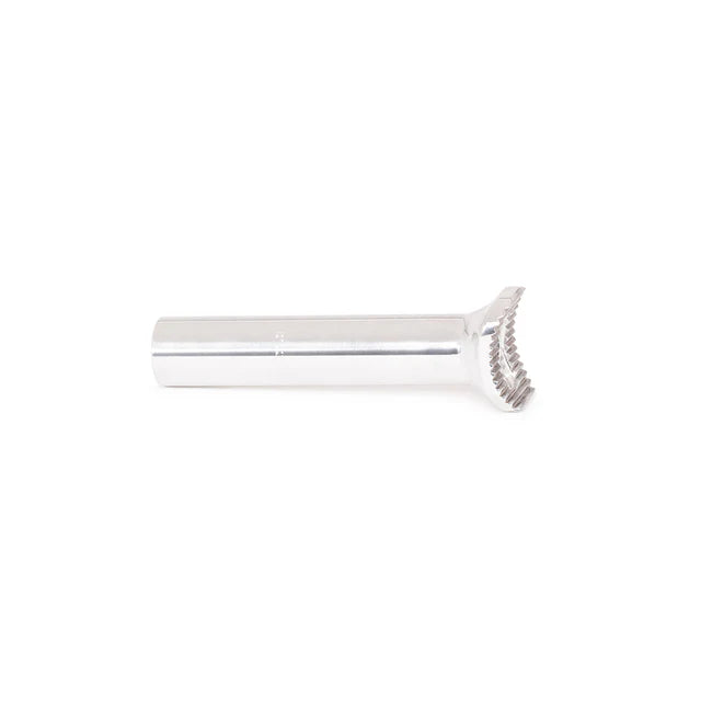 Éclat Torch pivotal seat post, 135mm short version, polished silver, horizontal view showcasing the pivotal teeth for angle adjustment.