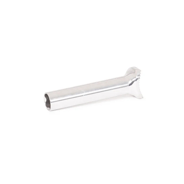 Éclat Torch pivotal seat post, 135mm short version, polished silver, low-angle horizontal view showing the hollow interior and 25.4mm diameter.