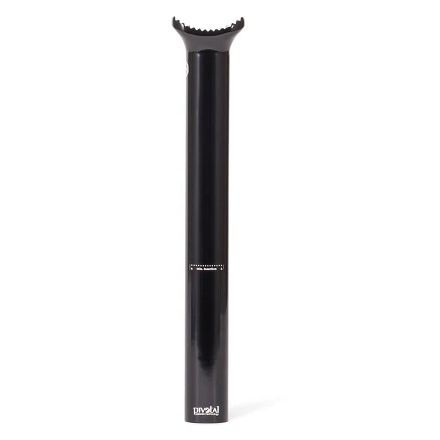 Éclat Torch pivotal seat post, black, straight-on view highlighting the "PIVOTAL" branding and minimum insertion marking.
