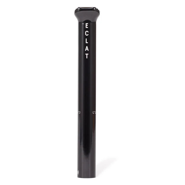 Éclat Torch pivotal seat post, black, straight-on view highlighting the 'ÉCLAT' vertical logo and installation height markings.