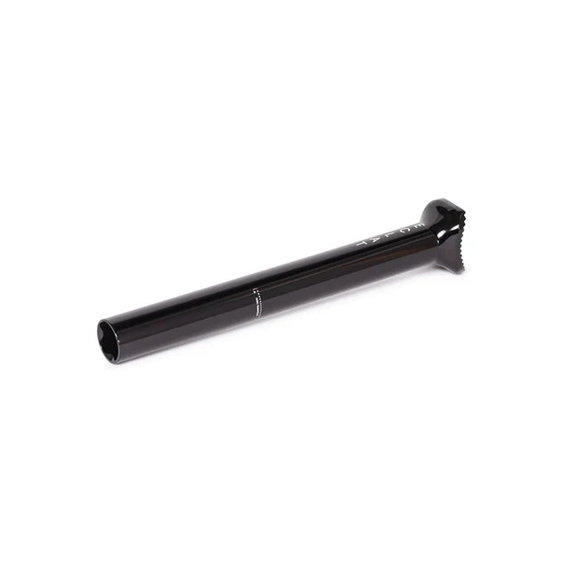 Éclat Torch pivotal seat post, black, low-angle view showing the entire length and the hollow bottom section.