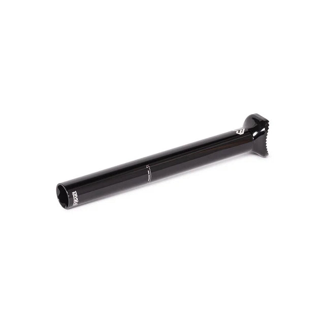Éclat Torch pivotal seat post, 230mm long, black, low-angle view showing the diameter marking (25.4mm) at the base.