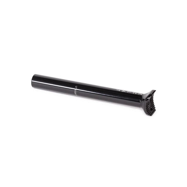 Éclat Torch pivotal seat post, 230mm long, black, low-angle horizontal view showing the 25.4mm diameter marking and the Éclat logo near the top.