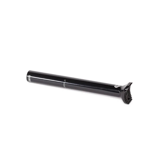 Éclat Torch pivotal seat post, 230mm long, black, horizontal view showing the full length and the pivotal teeth on the head.