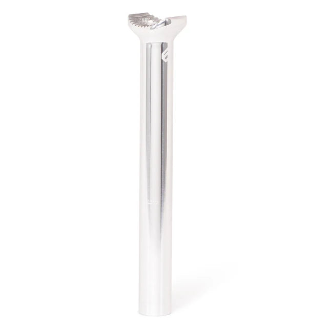 Éclat Torch pivotal seat post, 230mm long, polished silver finish, showing the pivotal head, length, and Éclat logo.