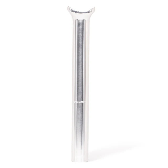 Éclat Torch pivotal seat post, 230mm long, polished silver finish, straight-on view highlighting the minimal insertion markings and "Pivotal" branding at the base.