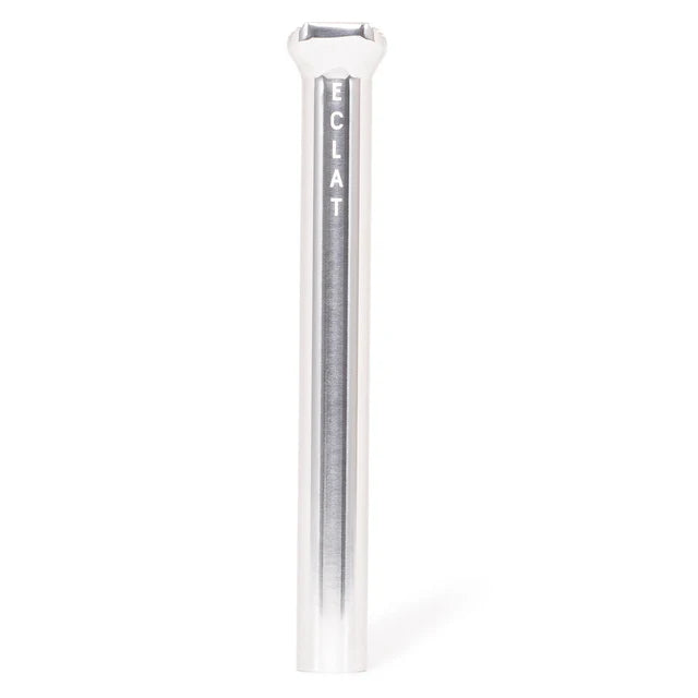 Éclat Torch pivotal seat post, 230mm long, polished silver, straight-on view highlighting the vertical 'ÉCLAT' logo in white.