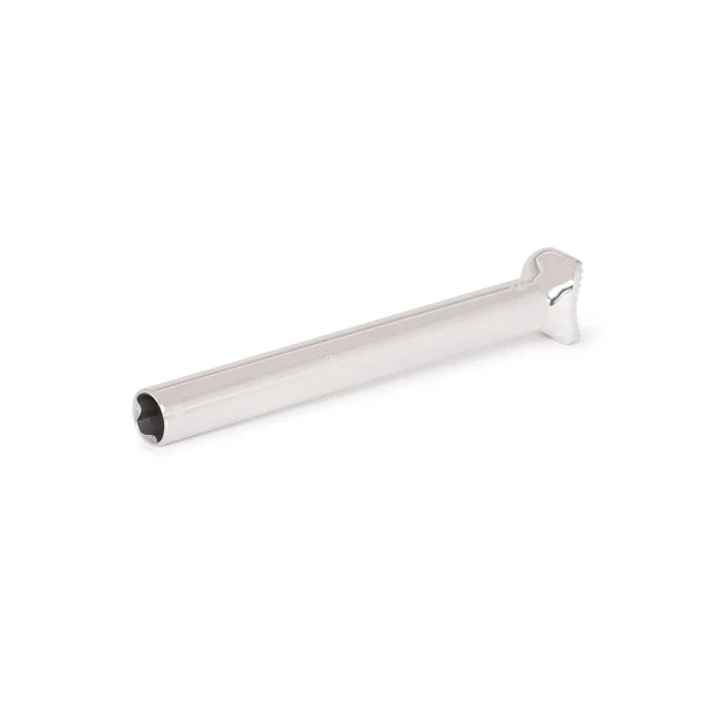 Éclat Torch pivotal seat post, 230mm long, polished silver finish, low-angle horizontal view showing the hollow interior and pivotal head.