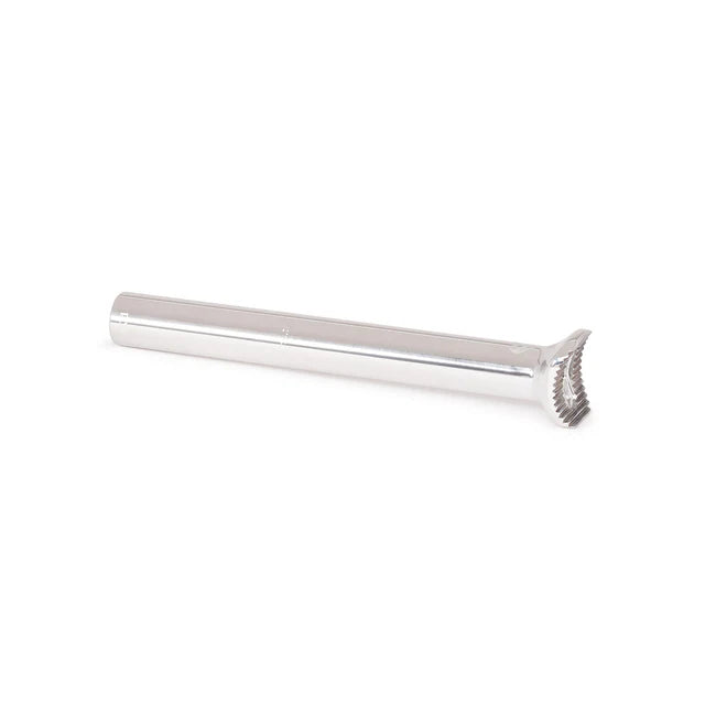 Éclat Torch pivotal seat post, 230mm long, polished silver finish, horizontal view showing the full length and the pivotal teeth.