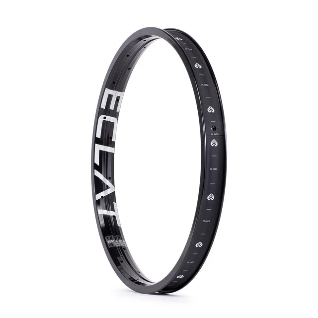 Éclat Trippin double-wall BMX rim, all-black finish, showing the large ÉCLAT sidewall logo and internal graphics/markings on the rim bed.