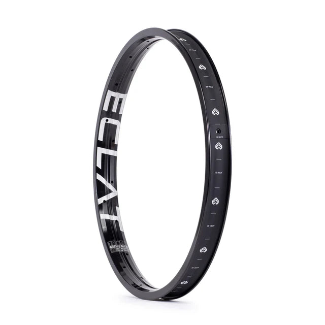 Éclat Trippin double-wall BMX rim, all-black finish, angled view showing the large ÉCLAT sidewall logo and internal graphics on the rim bed.