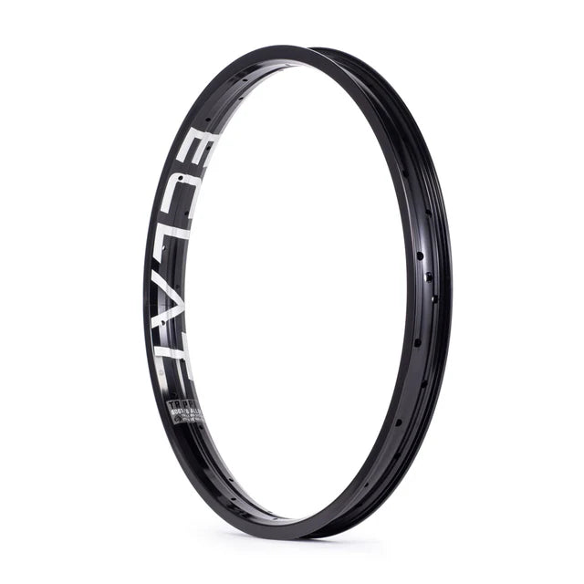 clat Trippin double-wall BMX rim, 36-hole, black, angled view showing the large ÉCLAT sidewall logo and spoke holes.