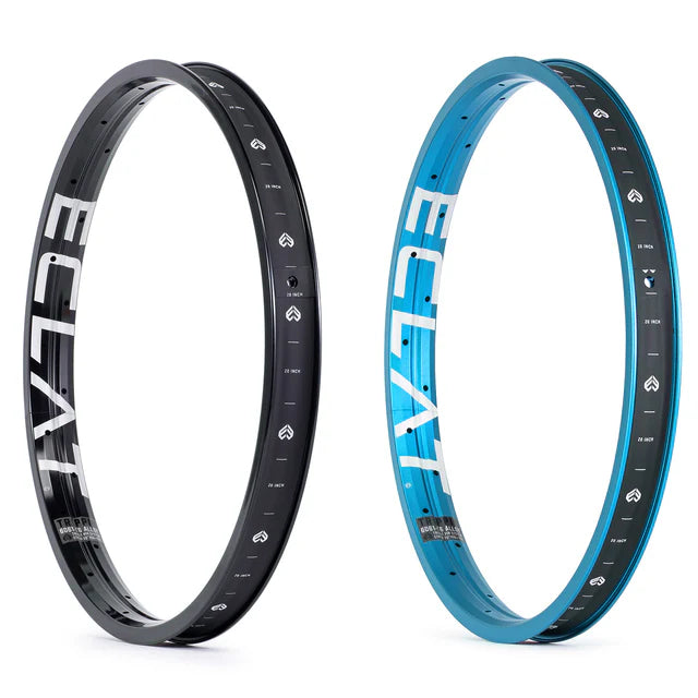 Pair of Éclat Trippin double-wall BMX rims, comparing the black finish on the left with the sandblasted cyan (light blue) finish on the right.