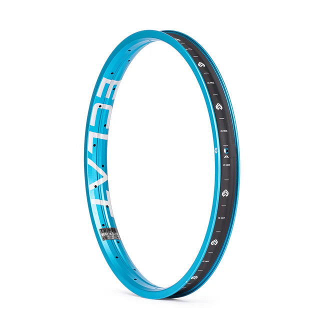 Éclat Trippin double-wall BMX rim, sandblasted cyan (light blue) finish, showing the ÉCLAT sidewall logo and internal graphics/markings.