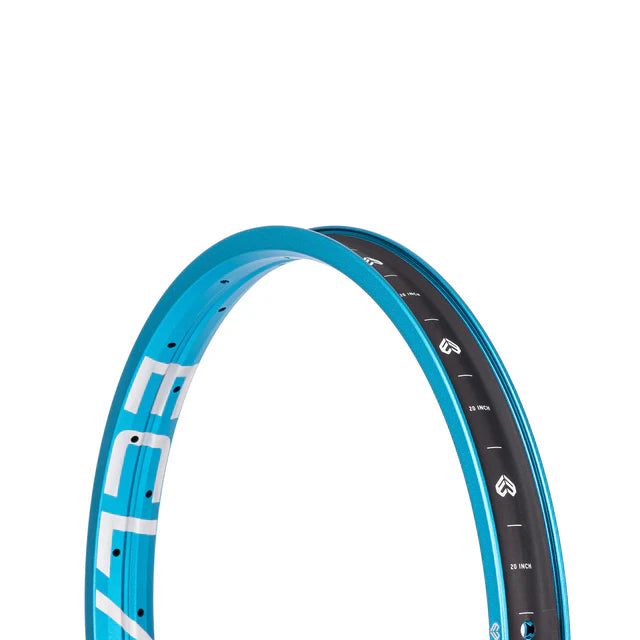 Close-up view of the Éclat Trippin double-wall BMX rim, sandblasted cyan (light blue), showing the internal markings and the 20 inch size text