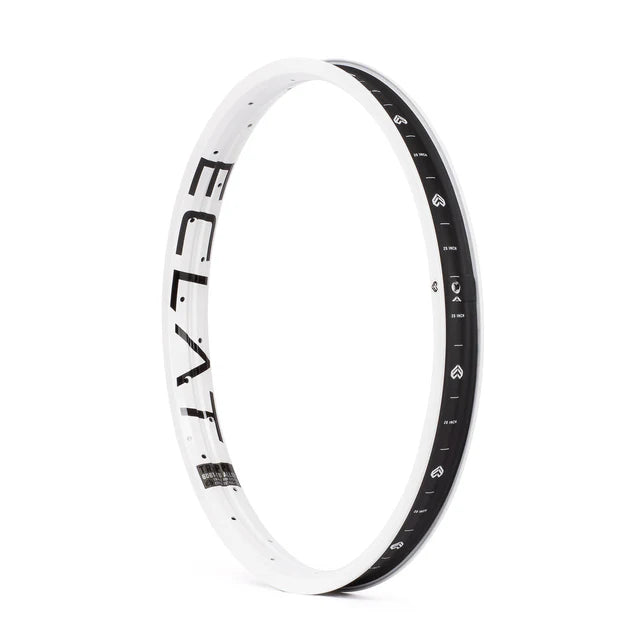 Éclat Trippin double-wall BMX rim, white finish, showing the large ÉCLAT sidewall logo and internal graphics/markings on the rim bed.