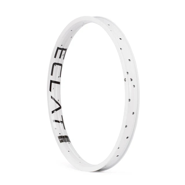 Éclat Trippin double-wall BMX rim, white finish, angled view showing the bold ÉCLAT sidewall logo and spoke holes.