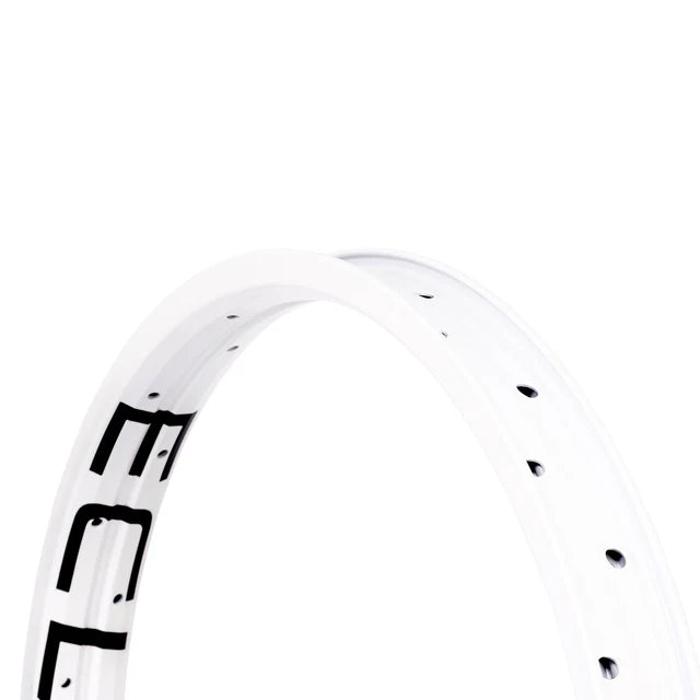 Close-up view of the Éclat Trippin double-wall BMX rim in white, highlighting the ÉCLAT sidewall logo and spoke holes.
