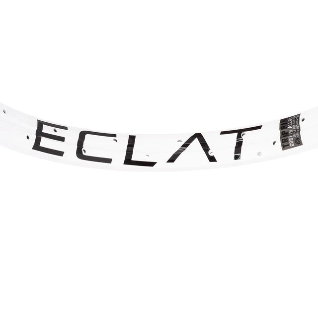 Close-up top view of the Éclat Trippin BMX rim in white, showcasing the large ÉCLAT sidewall logo and the small technical decal.