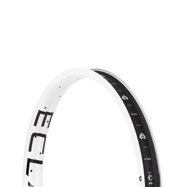 Close-up view of the Éclat Trippin double-wall BMX rim in white, showing the ÉCLAT sidewall logo and internal markings on the rim bed.