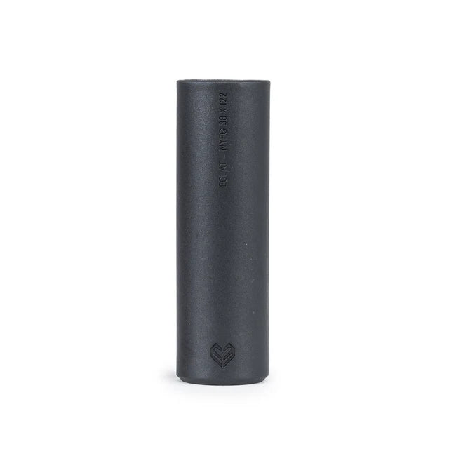 Black cylindrical product with a logo on a white background