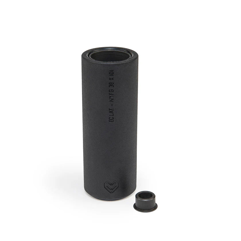 Black cylindrical object with branding on a white background