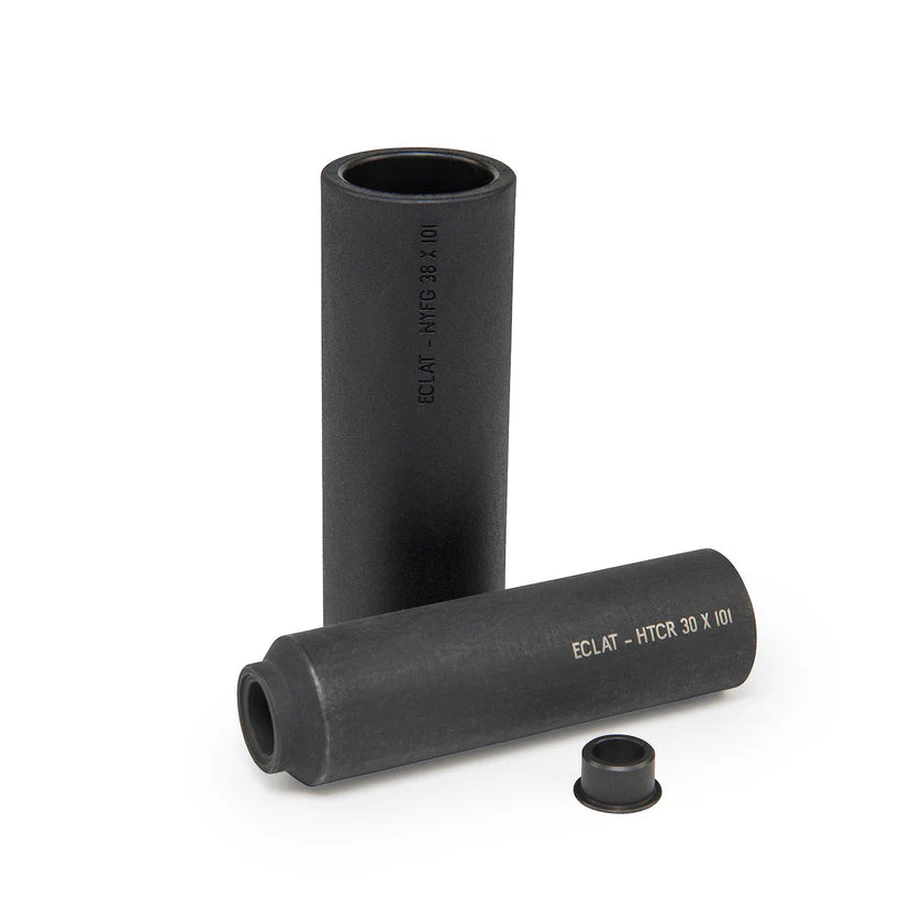 Two black cylindrical bike handlebar ends with branding on a white background