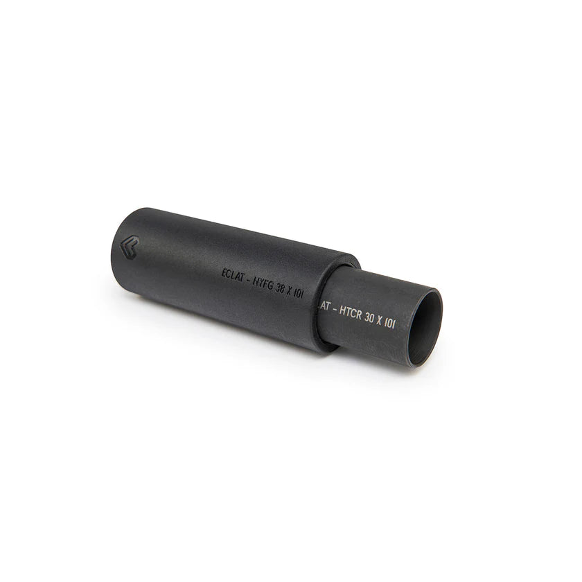 Black cylindrical object with text on a white background