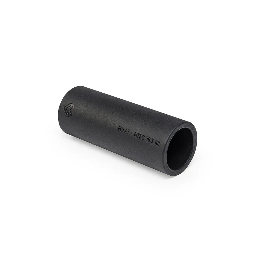 Black cylindrical object with text on a white background