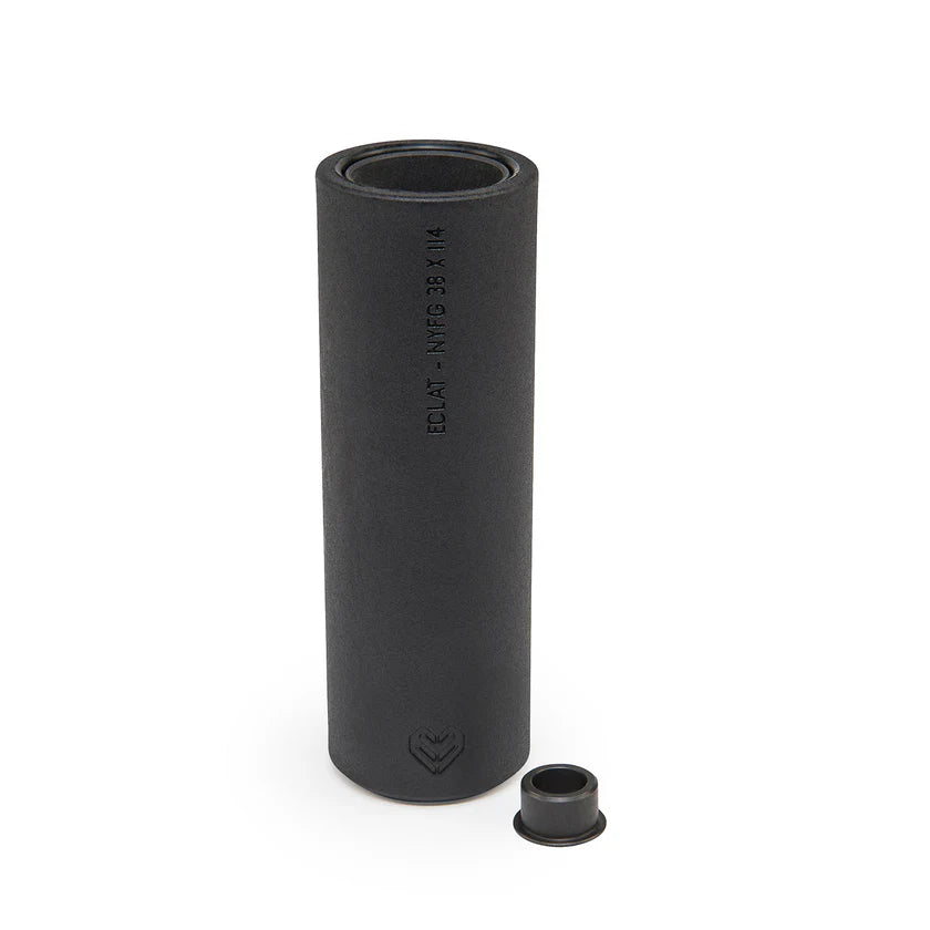 Black cylindrical object with text on a white background