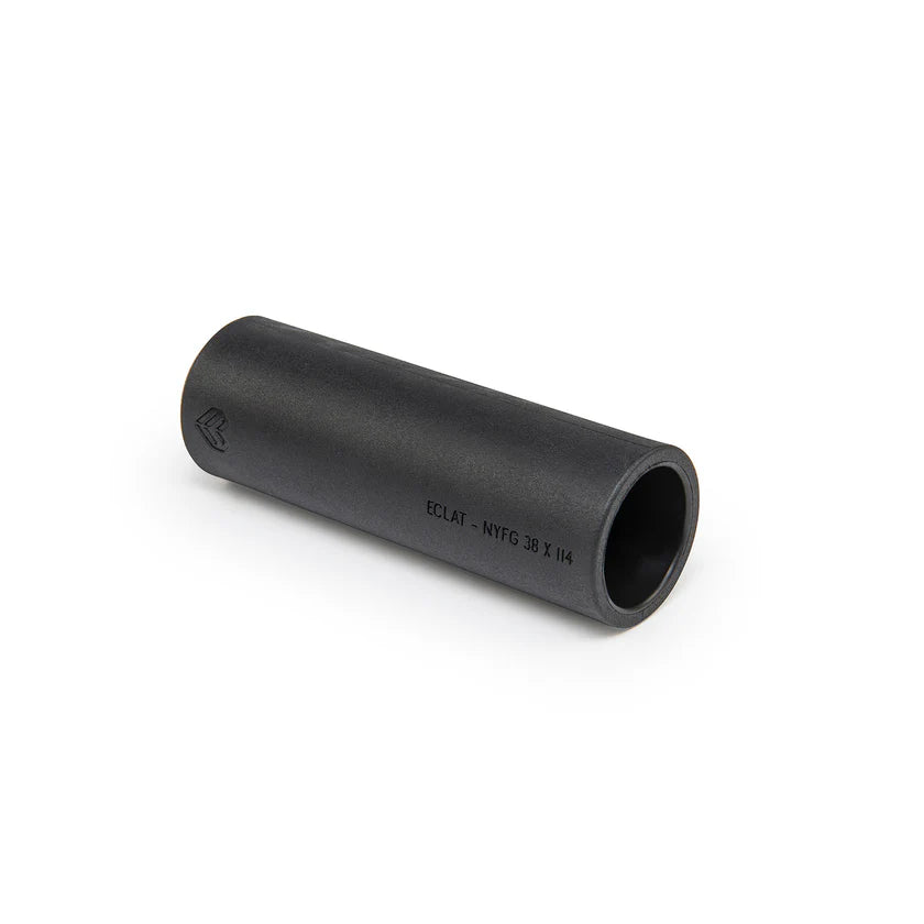 Black cylindrical object with text on a white background
