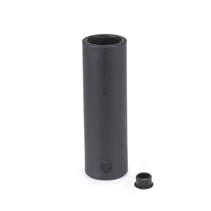 Black cylindrical object with a smaller black component on a white background