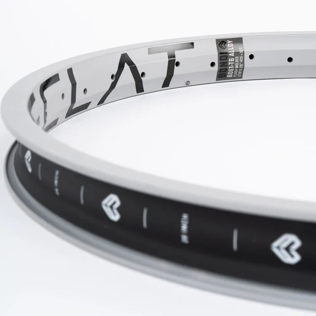 Close-up top view of the Éclat Bondi straight-wall BMX rim in polished silver, highlighting the ÉCLAT sidewall logo and the black rim strip with internal markings.