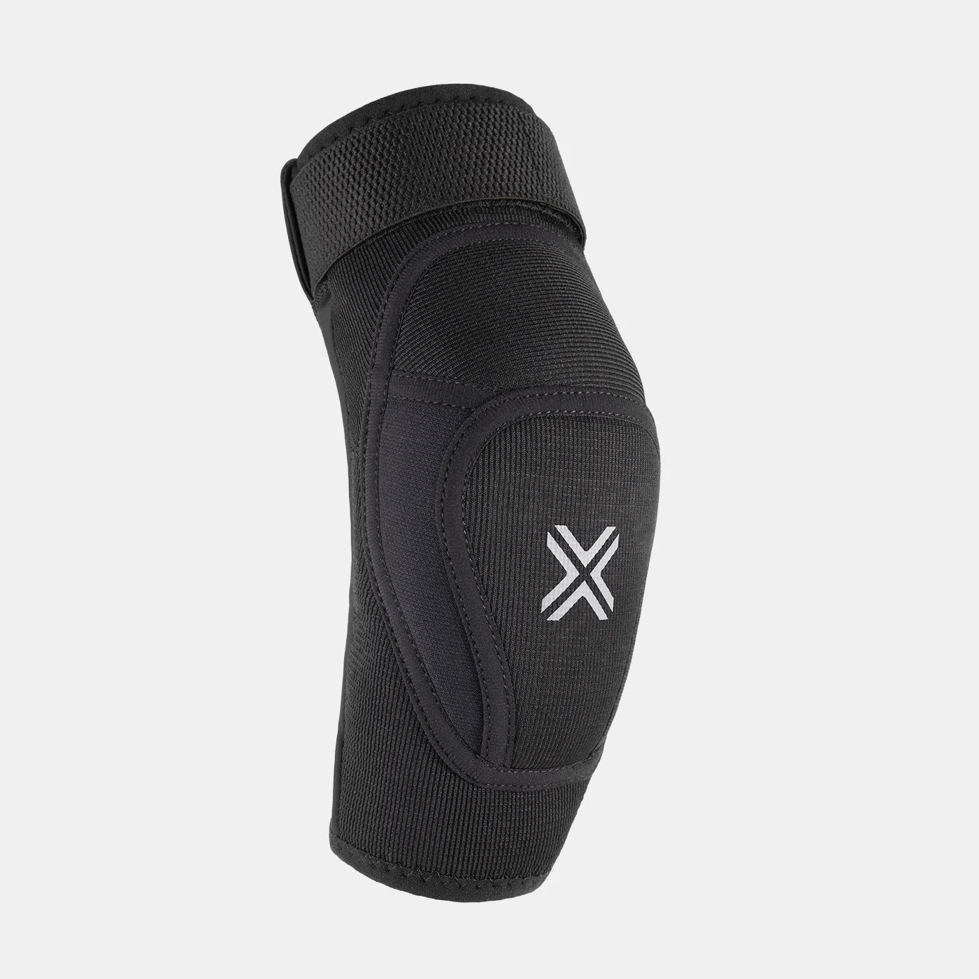 FUSE Alpha Classic Elbow Pad, black, side view showing the pre-curved fit, protective cap area, and the white FUSE 'X' logo.
