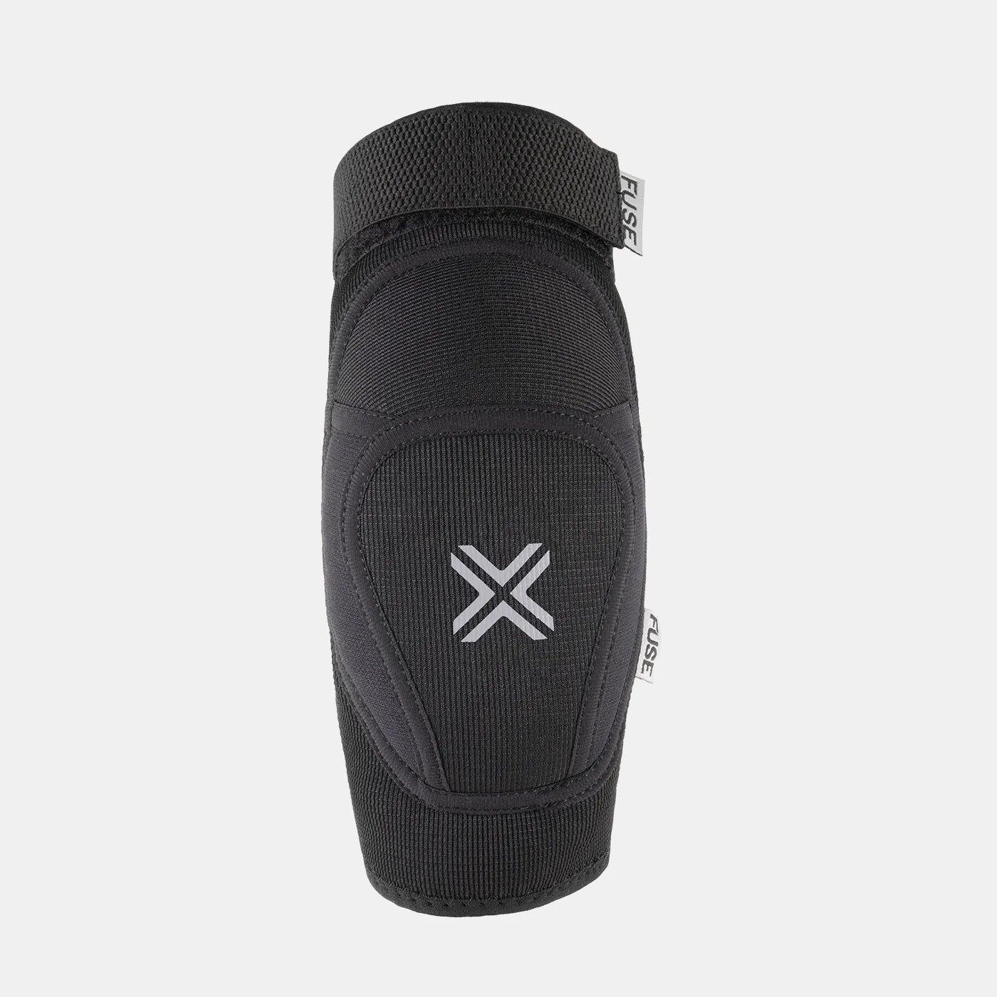 FUSE Alpha Classic Elbow Pad, black, straight-on view highlighting the hardwearing Cordura outer material, adjustable strap, and the white FUSE 'X' logo.