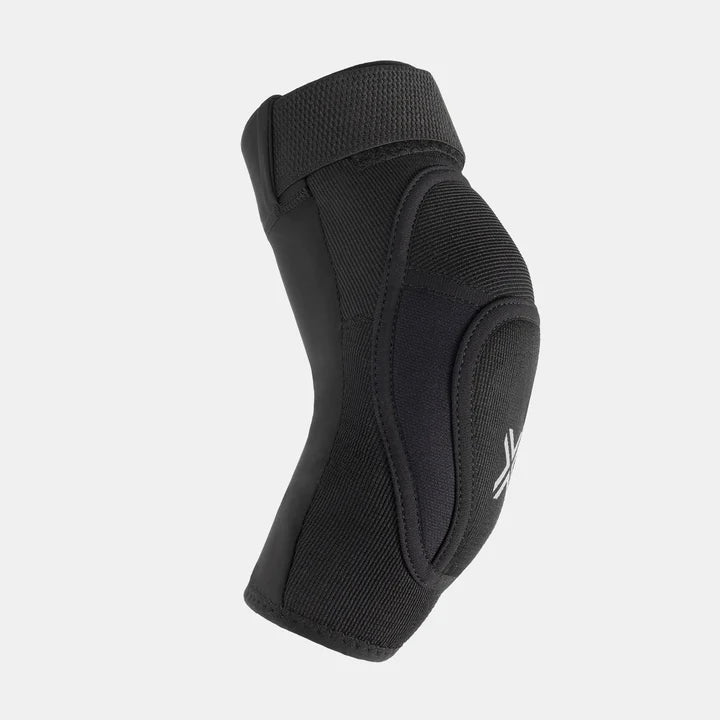 FUSE Alpha Classic Elbow Pad, black, side view showing the ergonomic, pre-bent fit and the minimal white 'X' logo on the cap.