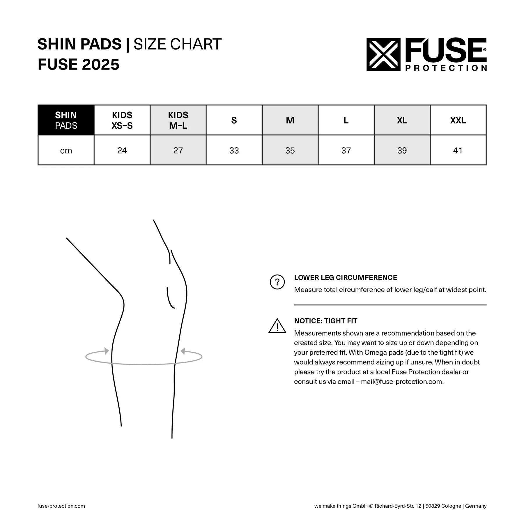 FUSE Protection Shin Pads Size Chart 2025, detailing the Lower Leg Circumference measurements in centimeters for sizes from Kids XS-S to XXL.