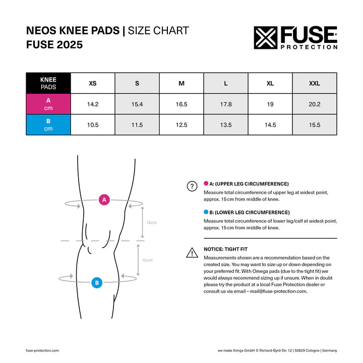 FUSE Protection Neos Knee Pads Size Chart 2025, detailing measurements for upper leg (A) and lower leg (B) circumference in centimeters for sizes XS to XXL.