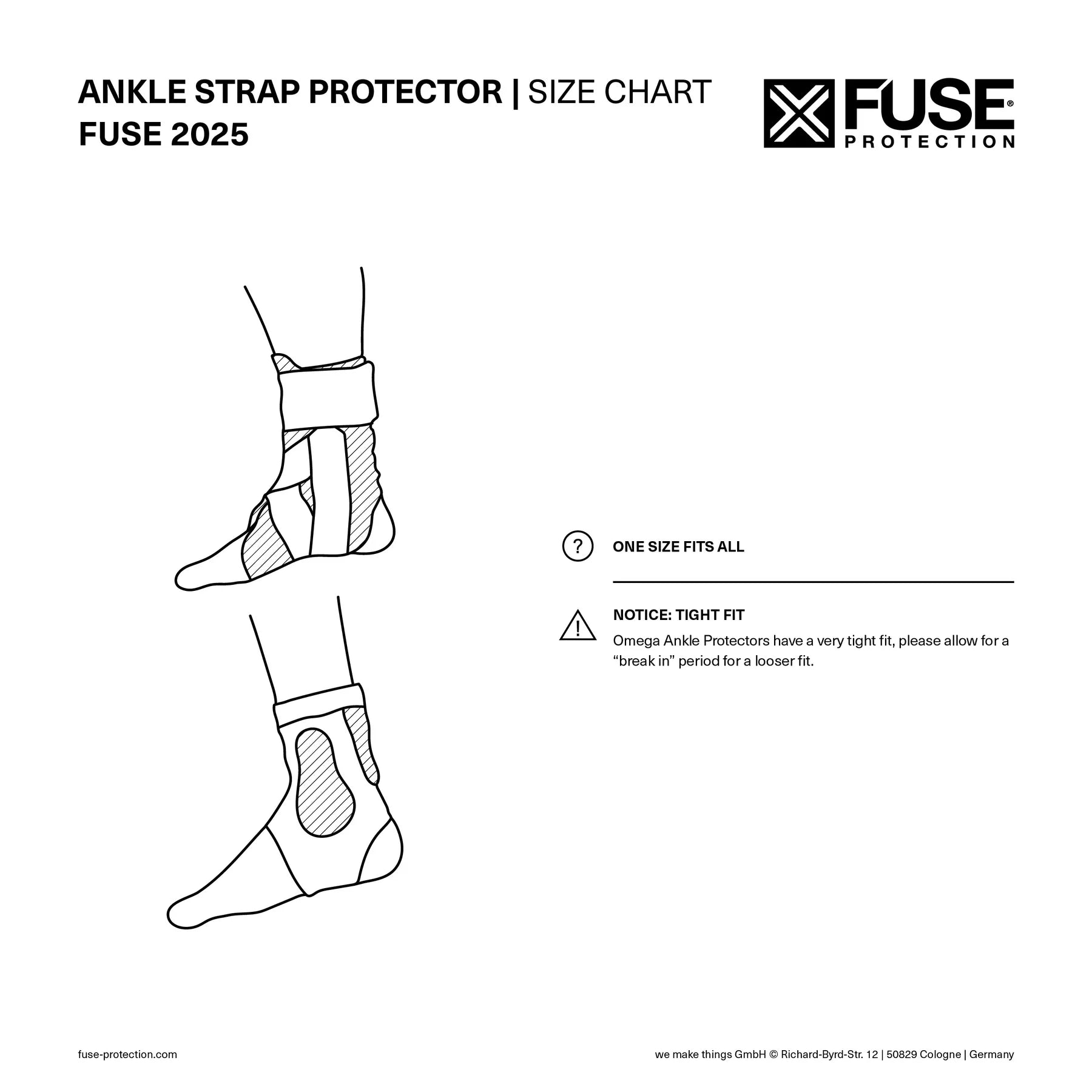 FUSE Protection Ankle Strap Protector Size Chart 2025, showing an illustration of the fit and noting that the product comes in a One Size Fits All configuration with a tight fit warning.