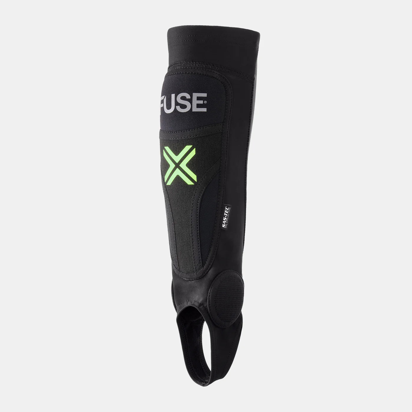 FUSE Omega Pro Shin Pad Combo, black, showing the SAS-TEC protective insert, FUSE branding, and neon green 'X' logo detail.