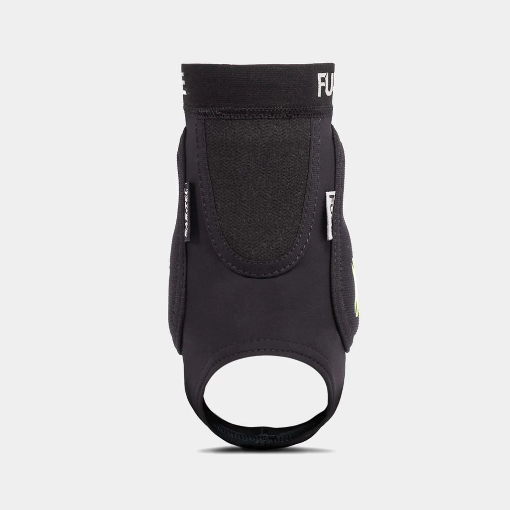 FUSE Omega Ankle Protector, black, straight-on view highlighting the medial and lateral protective pads with SAS-TEC foam and the neoprene foot loop.