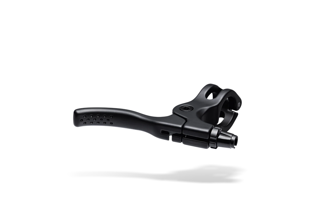 Close-up of a black bicycle right-hand brake lever, ideal for mountain bikes, road bikes, or BMX