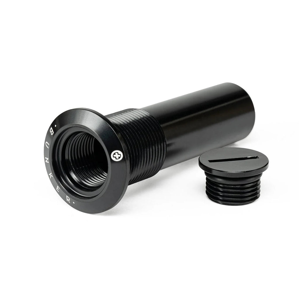 SALTPLUS Bunker Fork Top Bolt, M24 thread, black, shown disassembled with the internal threading visible inside the bolt body and the slotted cap alongside it.